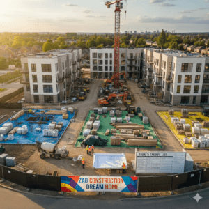 Aerial view of a Zao Construction residential site featuring organized material schedules, a "Today’s Takeoff List" board, and professional project management in action.